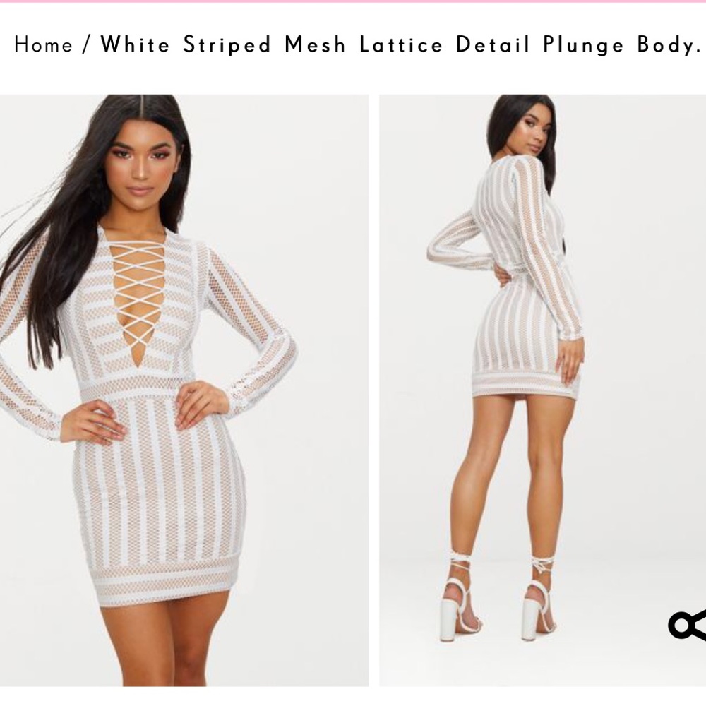 White striped mesh lattice detail plunged dress
